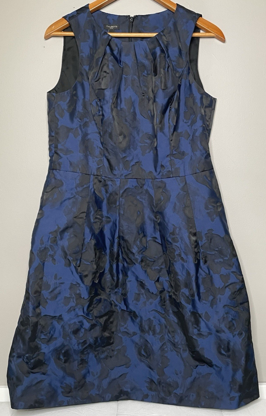Talbots Petites 12P Navy Black Floral Jacquard Fit Flare Cocktail Dress 12 P
